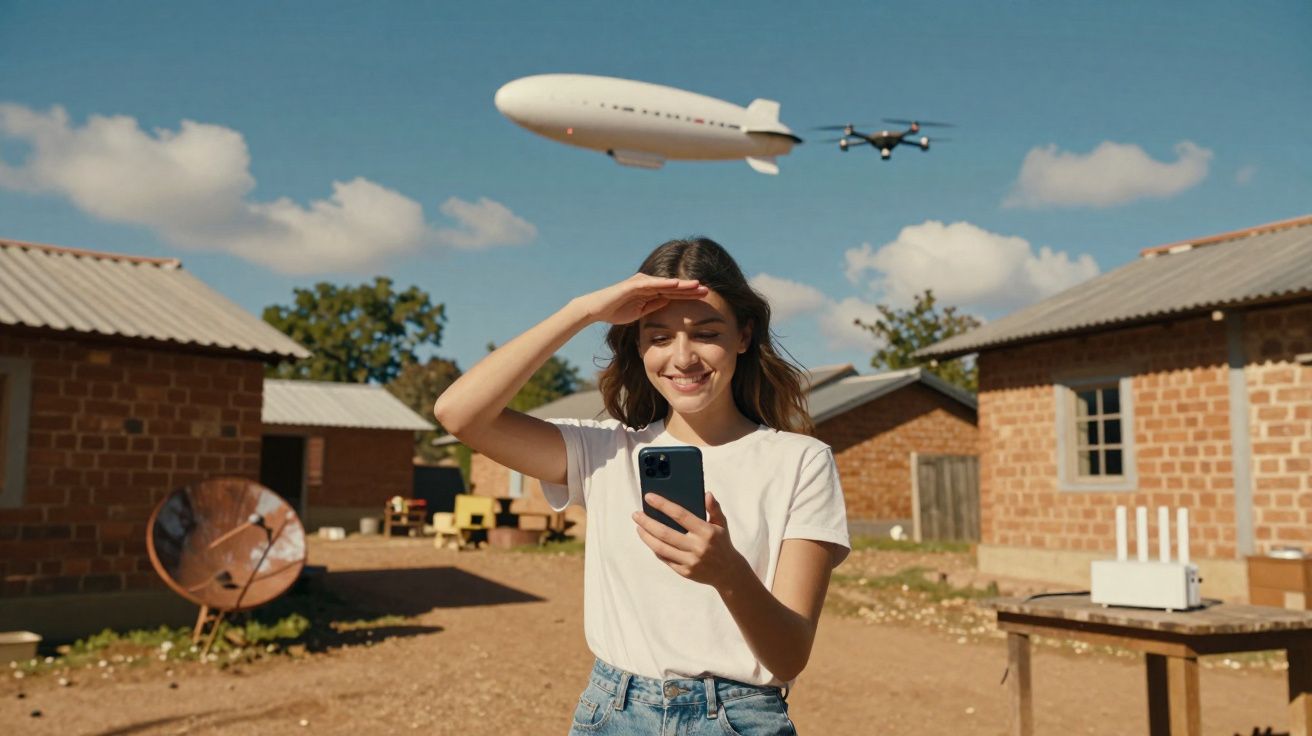 Mulher sorridente usando celular ao ar livre com dirigível e drone sobrevoando aldeia rural ao fundo.