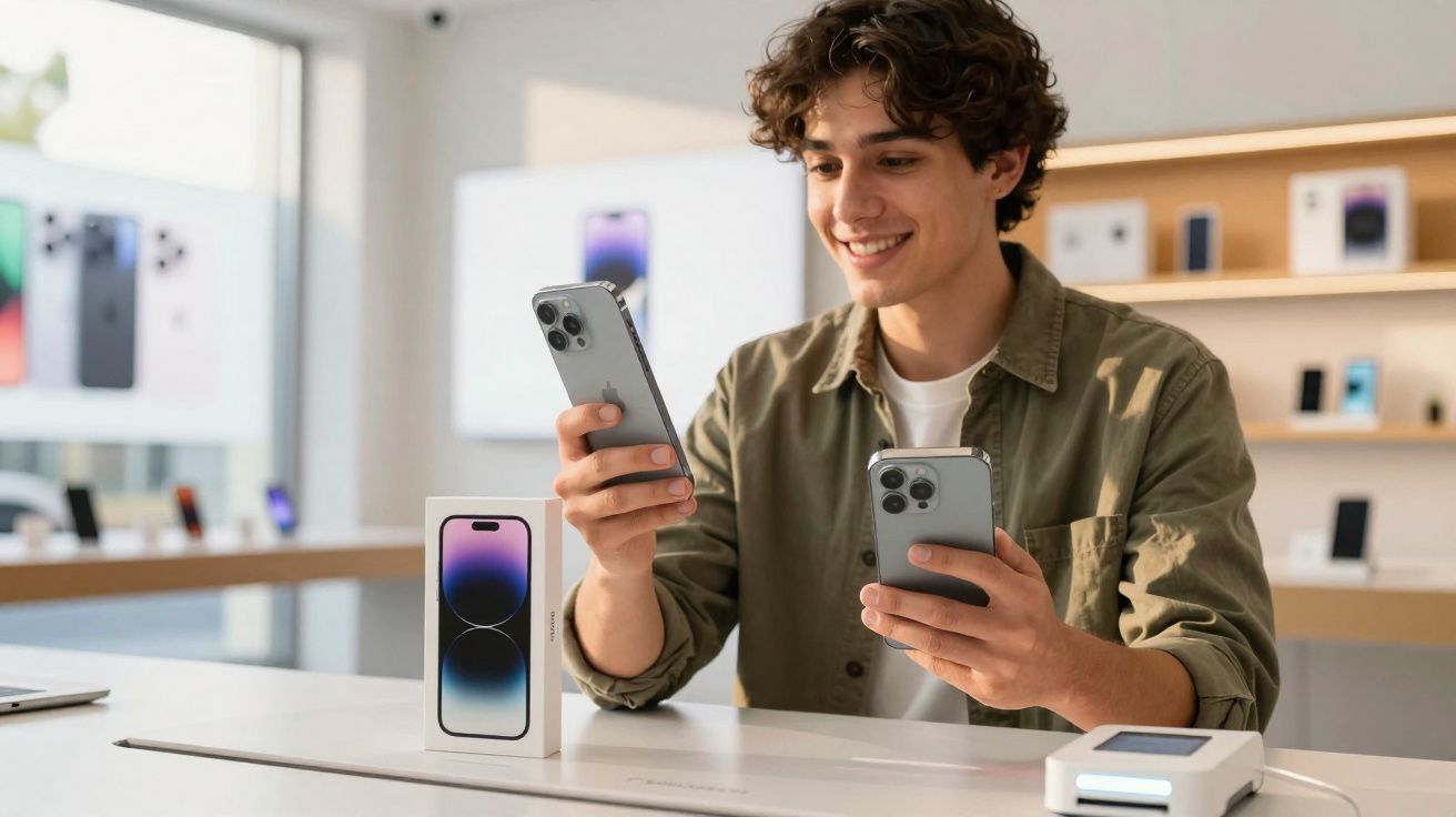 Jovem sorridente segura dois smartphones cinza em loja moderna com caixa de aparelho sobre mesa branca.