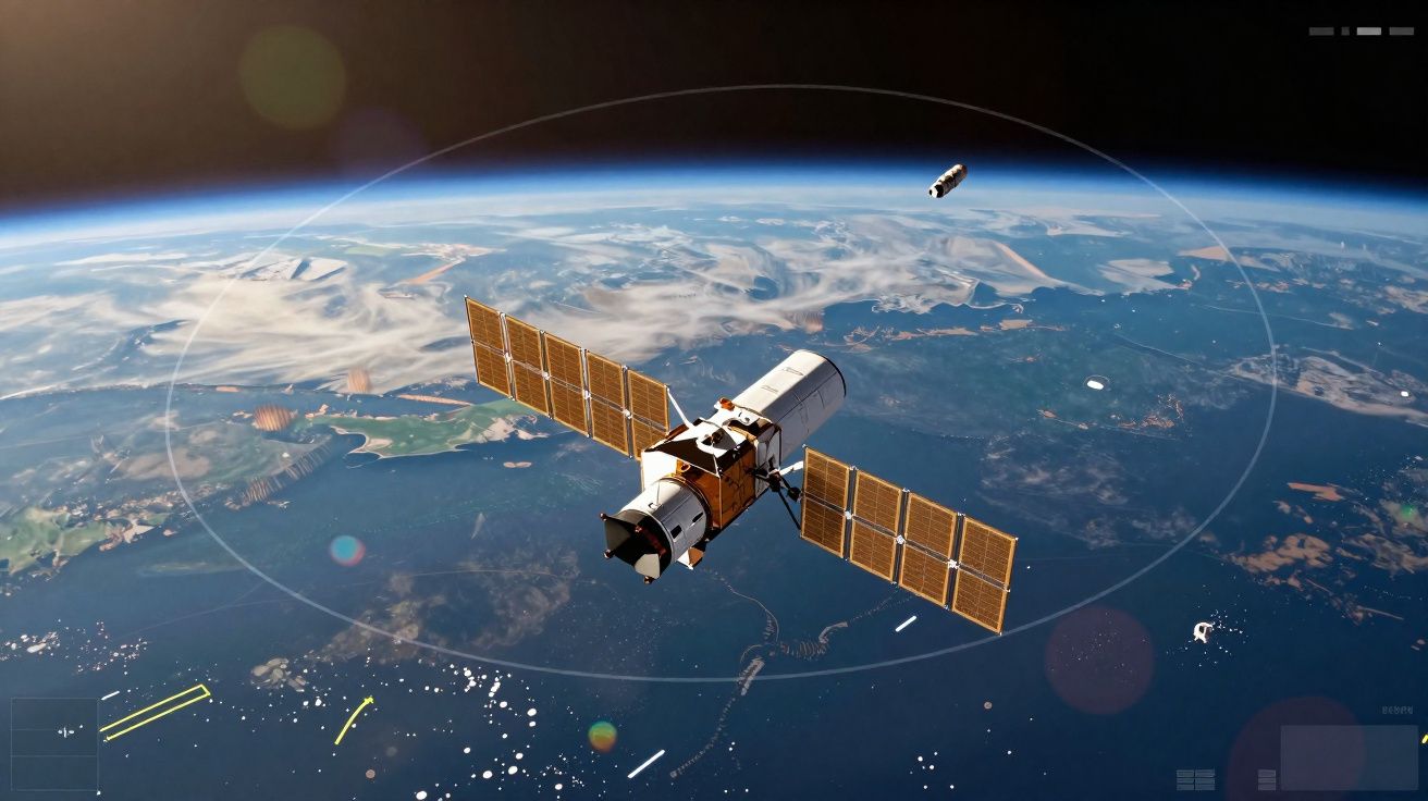 Satélite orbitando a Terra com painéis solares e detalhes do relevo visíveis abaixo.