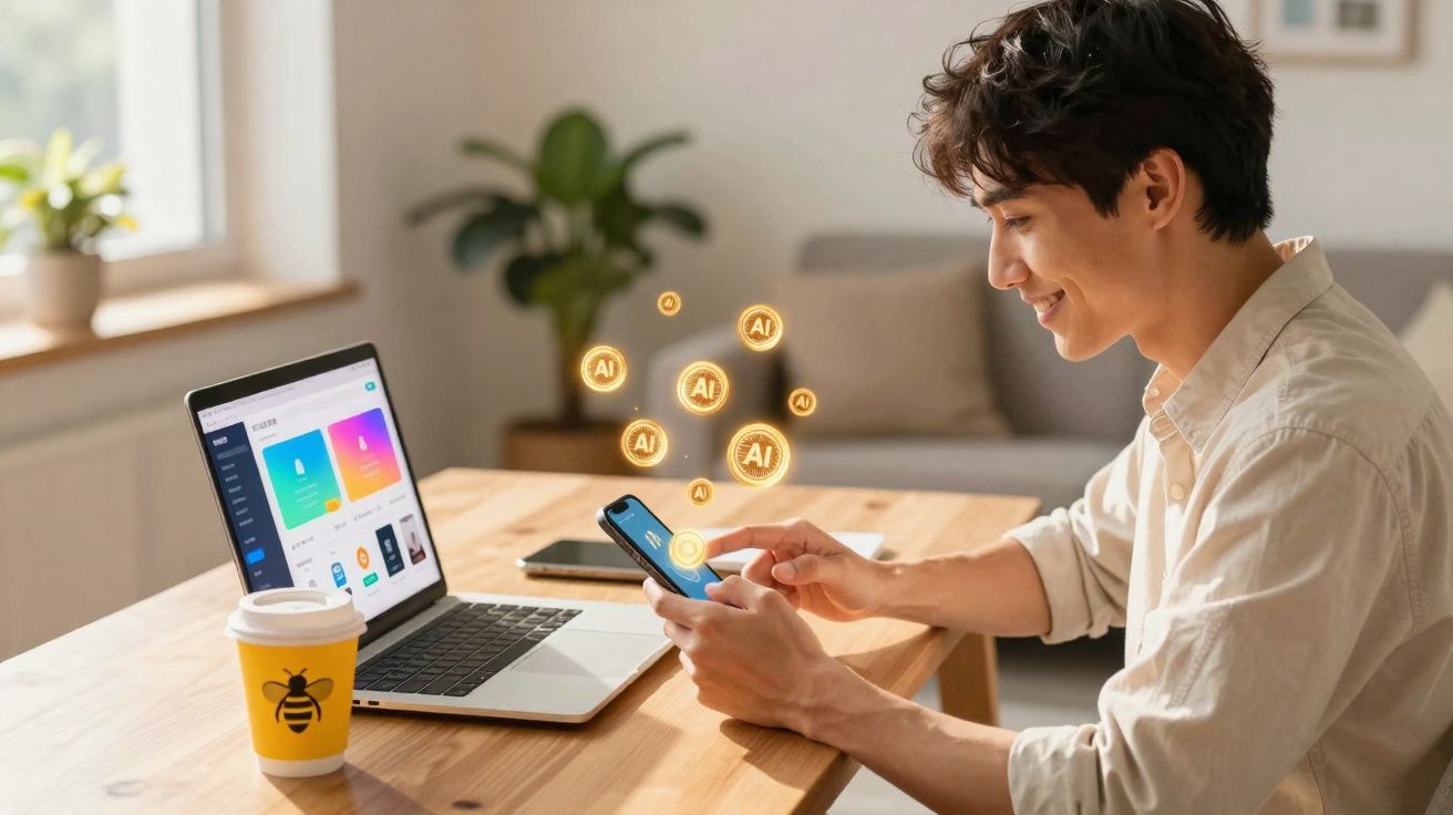Homem sorridente usando smartphone com laptop e xícara em mesa de madeira em ambiente iluminado.