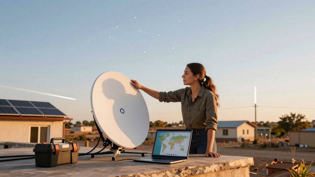 Mulher ajusta antena parabólica ao ar livre com laptop mostrando mapa e casas ao fundo no pôr do sol.