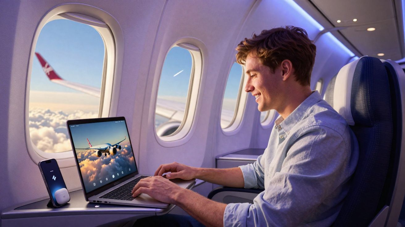 Homem sorrindo usando laptop em avião com janelas mostrando céu e nuvens ao redor.