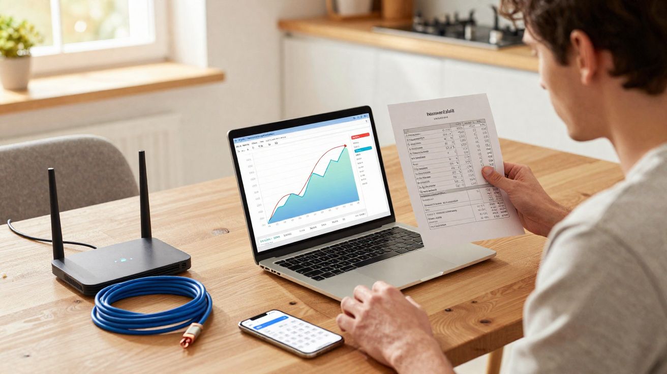 Pessoa analisando gráficos financeiros no laptop e segurando documento com tabela, ao lado de roteador e calculadora.