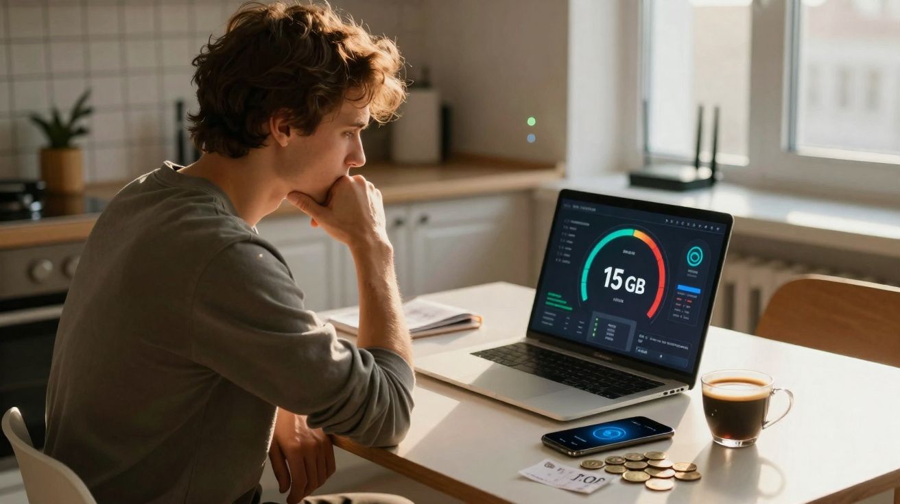 Homem sentado à mesa olhando para notebook com gráfico de dados e smartphone ao lado em cozinha.