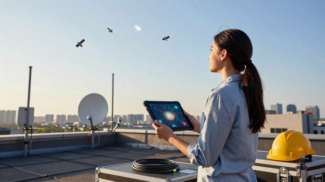 Mulher observa drones voando enquanto controla dispositivo com símbolo 5G em telhado urbano.