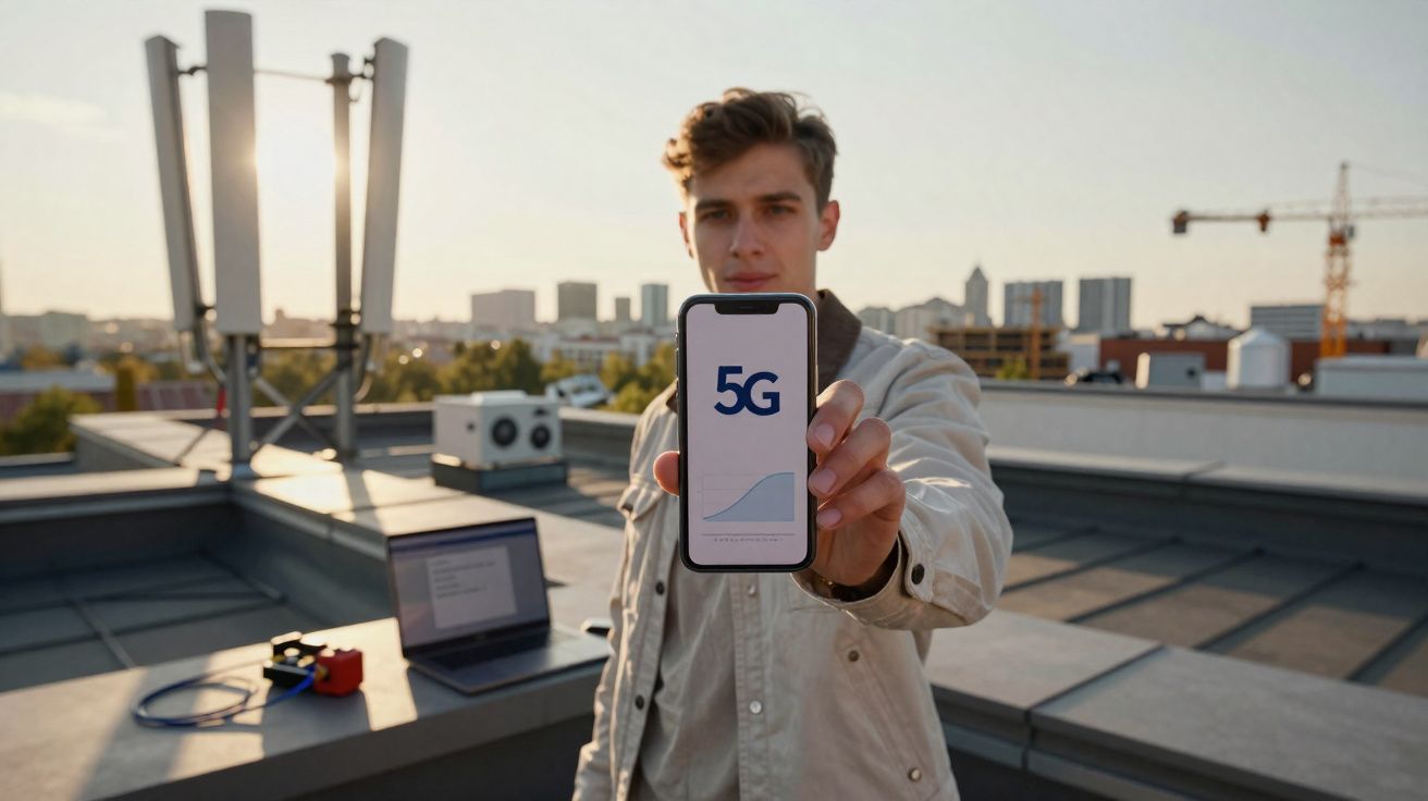 Jovem em um telhado segurando um celular com a tela mostrando o símbolo 5G e um gráfico.