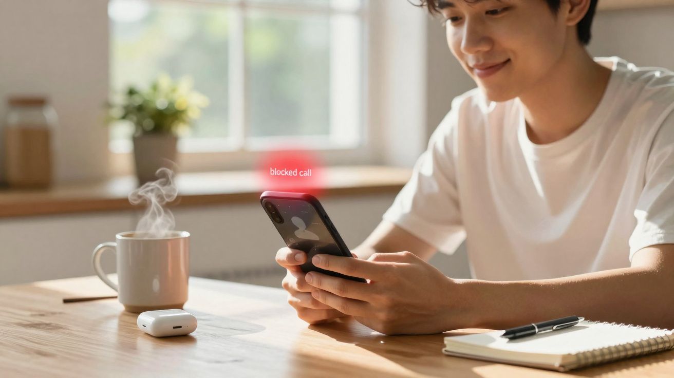 Jovem sentado à mesa segurando celular com ligação bloqueada, ao lado café quente, fones e caderno.