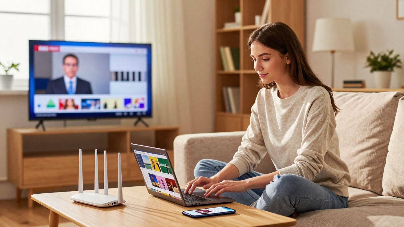 Jovem mulher sentada no sofá usando laptop, perto de roteador e celular na mesa da sala.