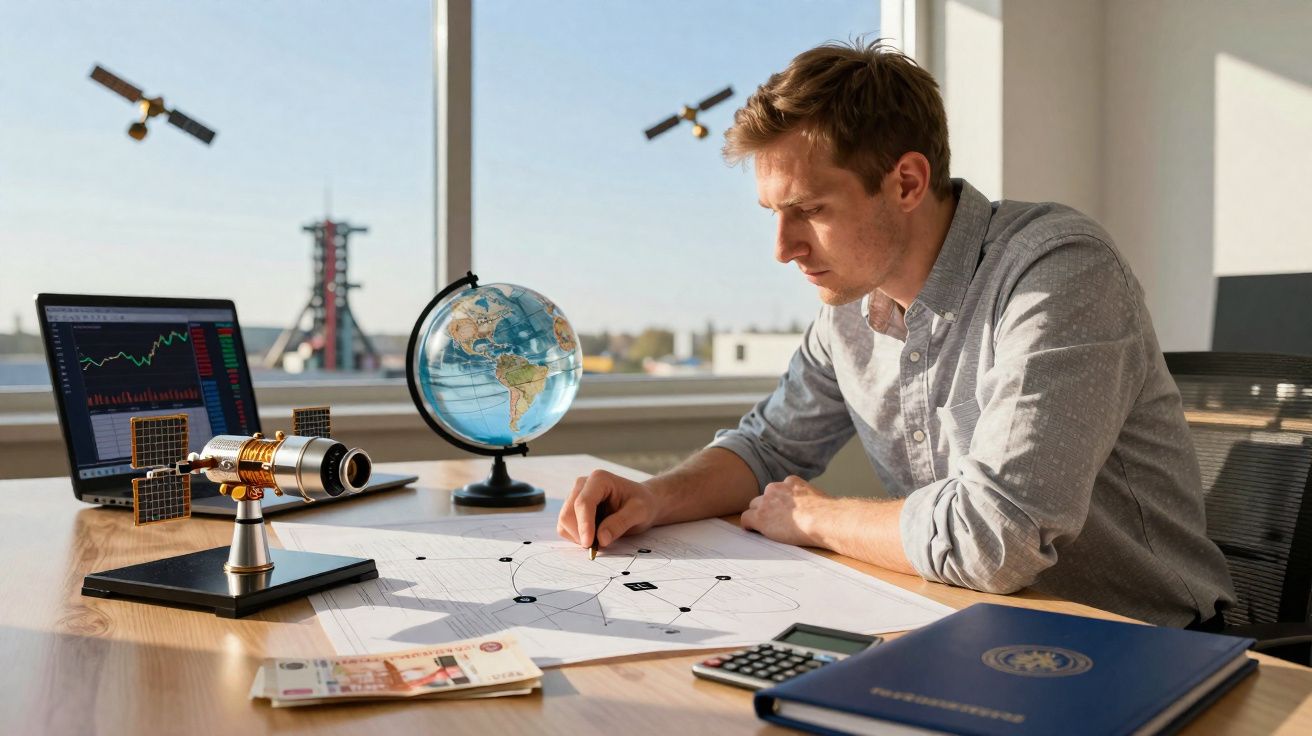 Homem analisando projeto de satélite espacial com gráficos, modelo de foguete e globo terrestre na mesa.