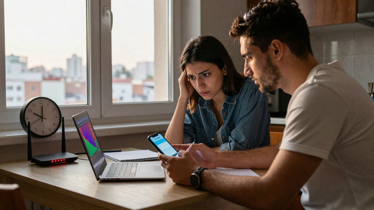 Casal preocupado olhando para celular e laptop em mesa com relógio e roteador perto da janela.