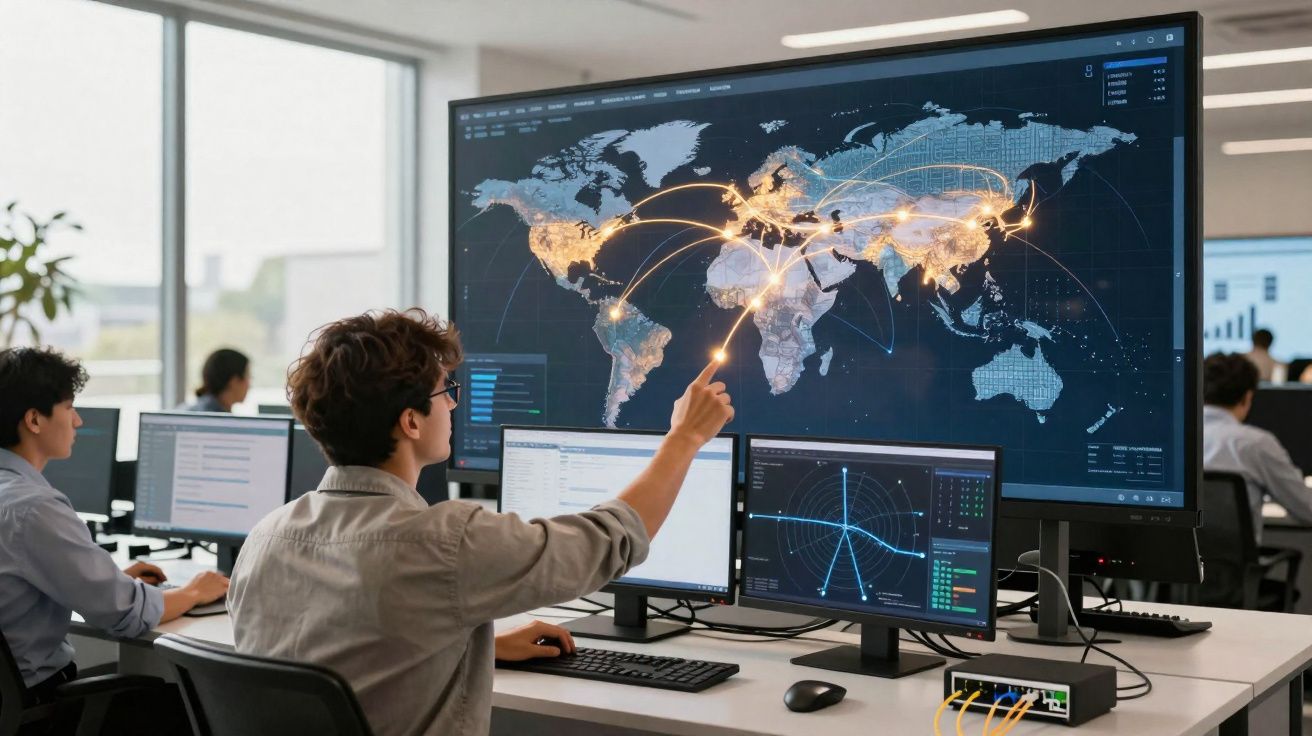 Pessoa analisando dados de conexões geográficas em mapas digitais exibidos em várias telas em escritório modern.