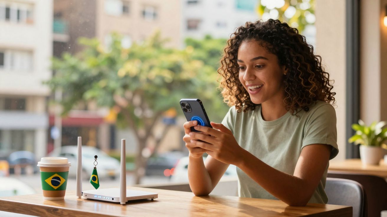 Jovem sorridente usando celular sentada em mesa com notebook, copo e chaveiro com bandeira do Brasil.