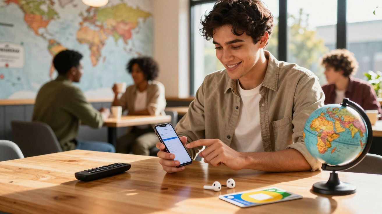 Jovem sorrindo enquanto usa celular em mesa com globo terrestre e fones sem fio em sala com mapa-múndi.