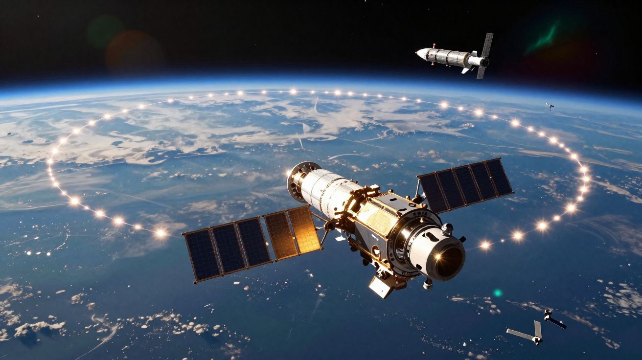 Satélites com painéis solares orbitando a Terra vista do espaço com reflexos de luz solar.
