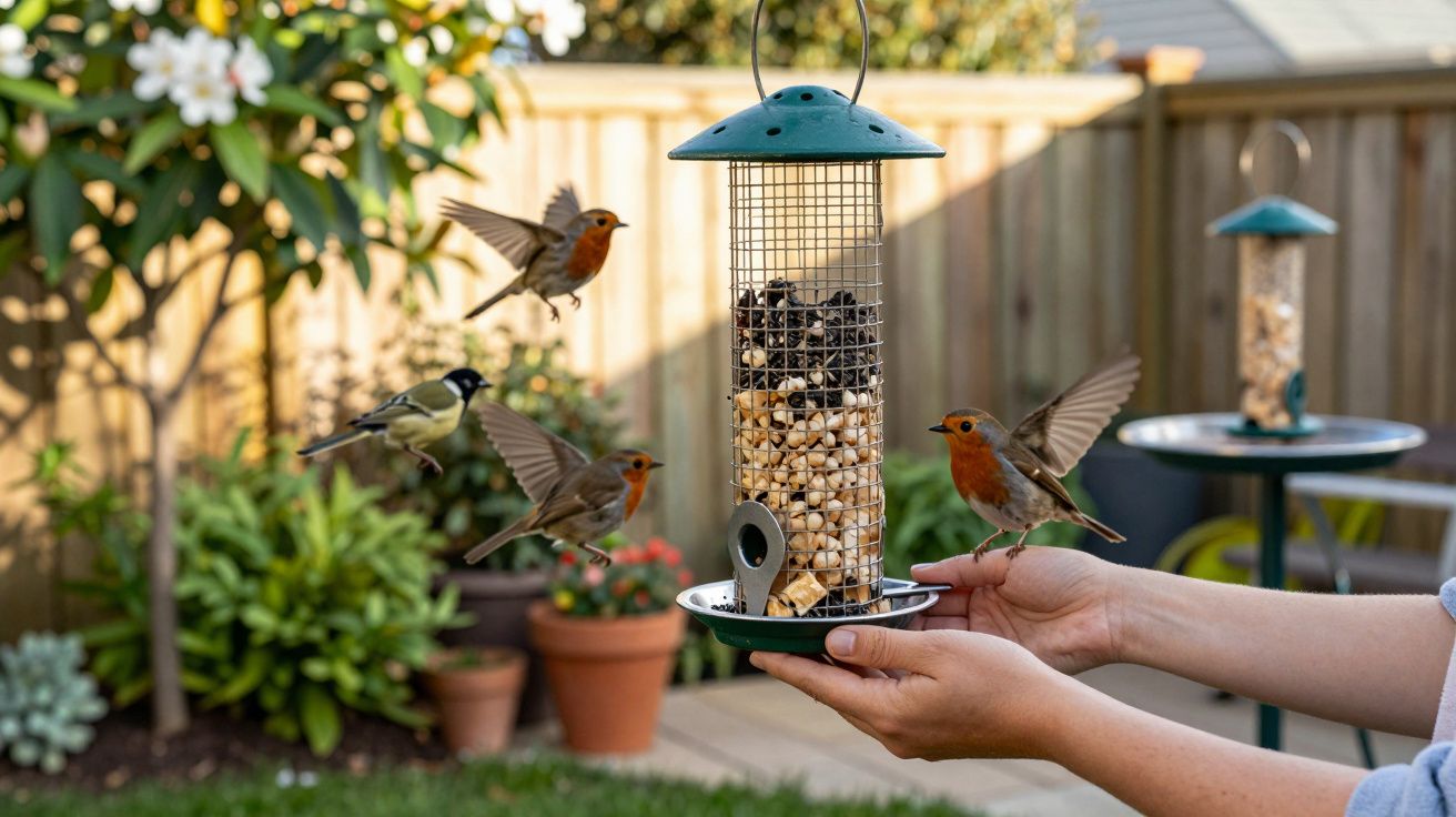 Mãos seguram alimentador de pássaros com sementes, enquanto pássaros voam e pousam no jardim.