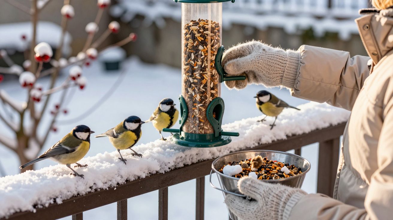 Pessoa com luvas alimenta pássaros em comedouro na cerca de madeira coberta de neve no inverno.