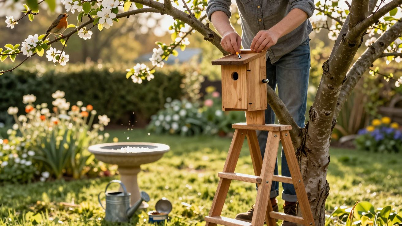Pessoa instalando uma casinha de pássaros em uma árvore florida no jardim ensolarado.