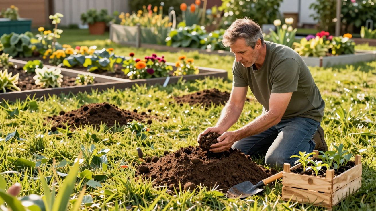 Homem cuidando da terra em canteiro de jardim florido com plantas e flores ao redor.