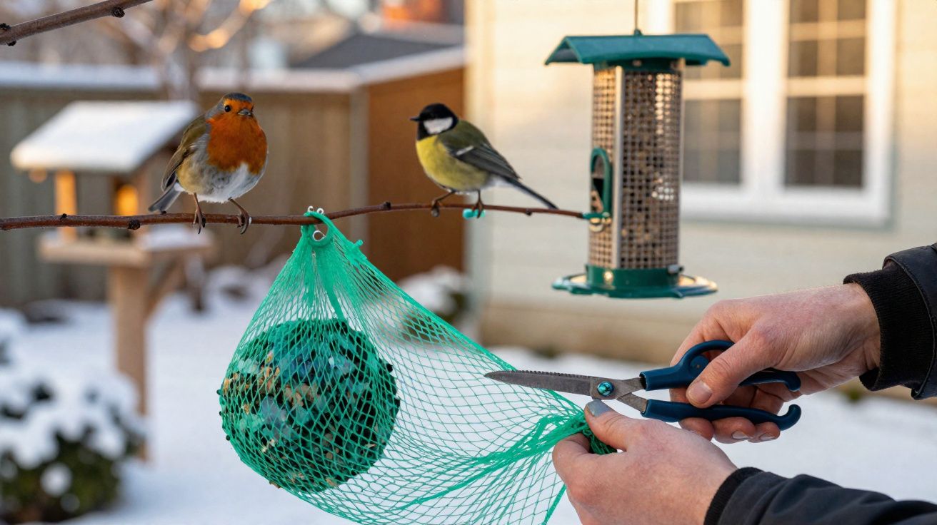 Pássaros em galho próximo a comedouro e mãos cortando rede com alimento para aves no inverno.