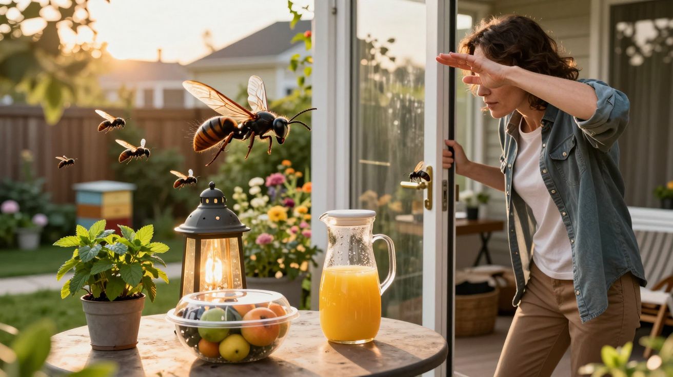 Mulher abre porta na varanda espantada com enxame gigante de abelhas voando sobre mesa com frutas e suco.