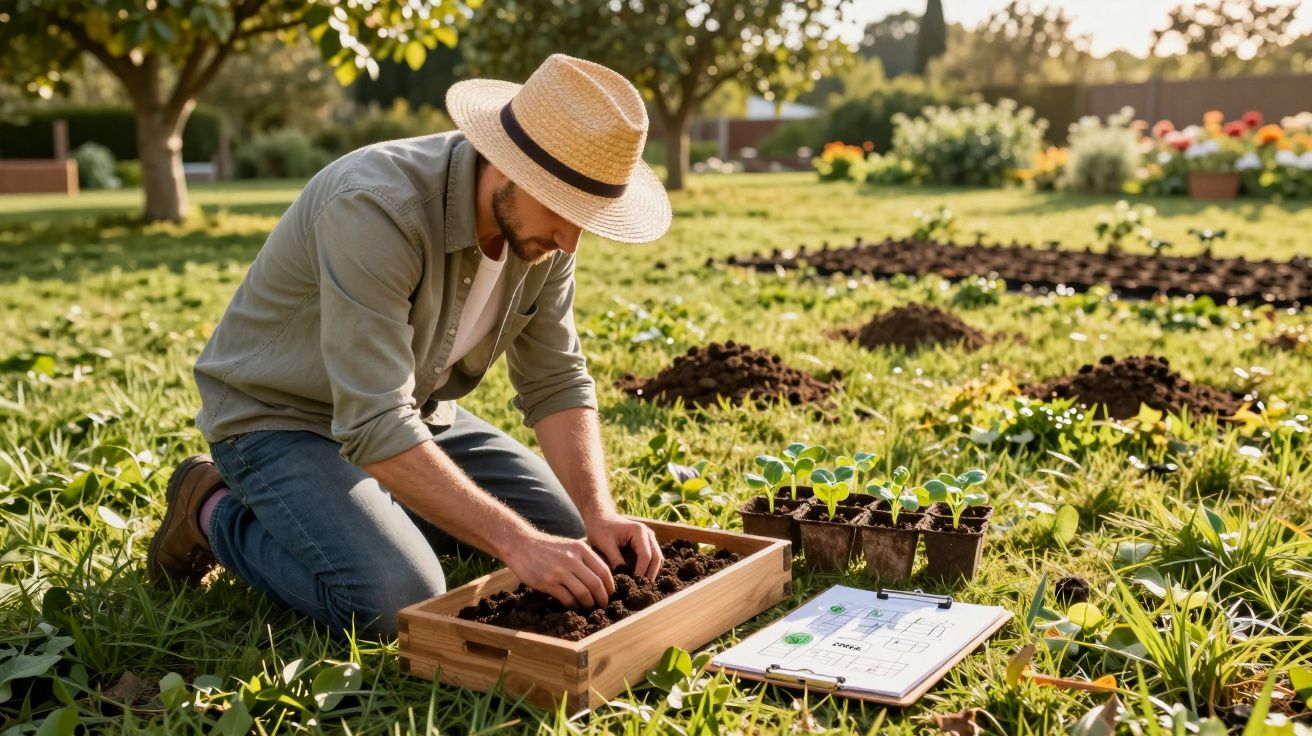 Homem de chapéu plantando sementes em caixa de madeira em campo ensolarado com plantas ao redor.