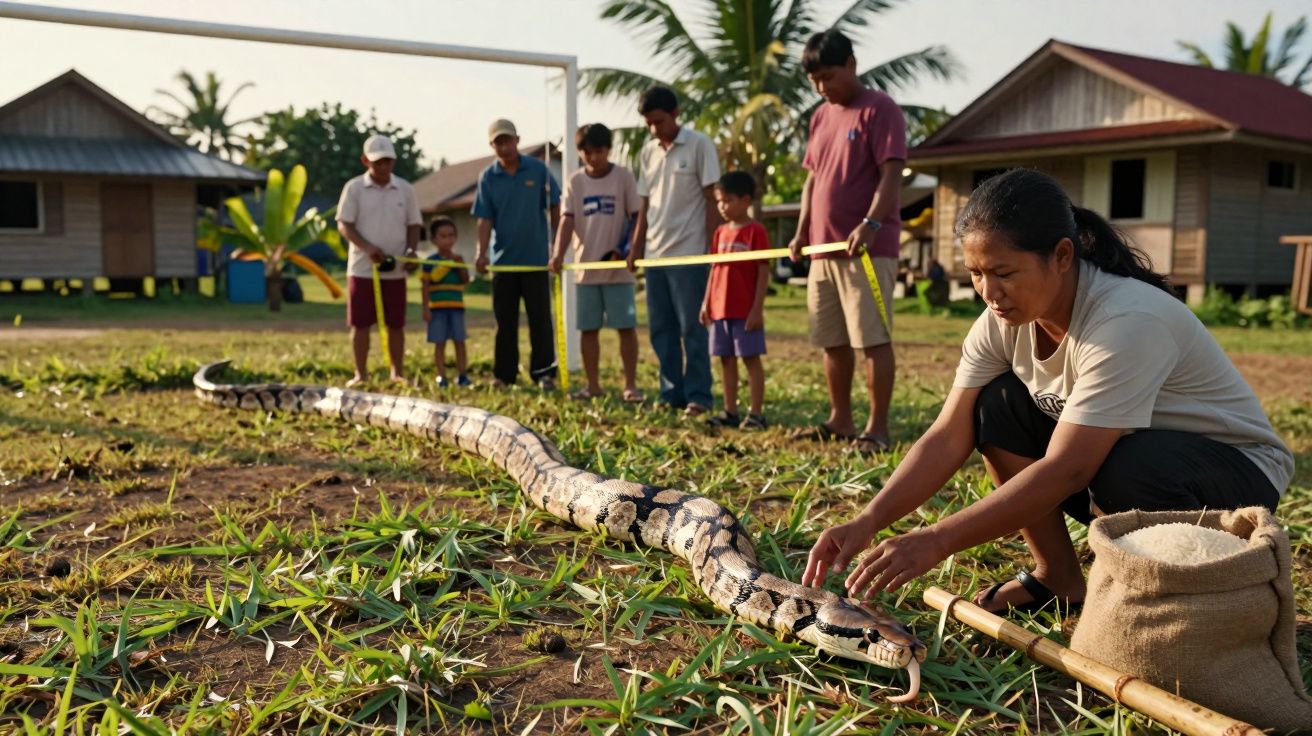 Grupo de pessoas mediindo uma cobra gigante enquanto uma mulher a segura no chão em área rural.