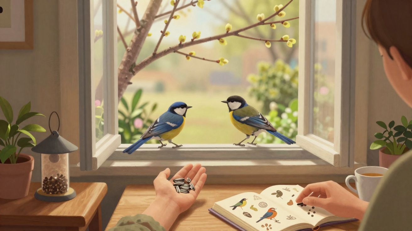 Pessoa alimentando dois pássaros azuis numa janela aberta, com livro de aves e xícara na mesa.