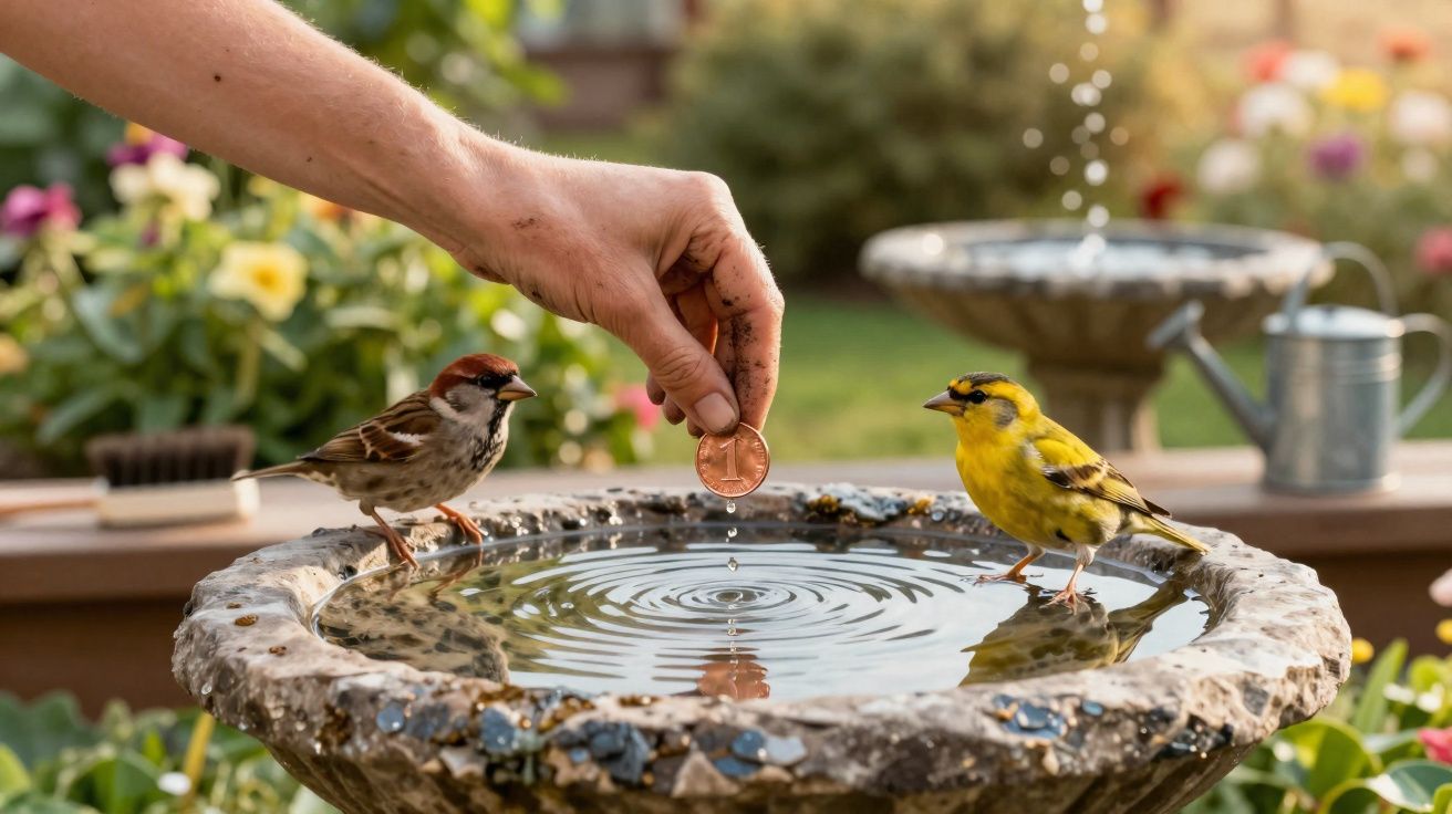 Mão segurando moeda sobre fonte de água com pássaros marrom e amarelo no jardim ao fundo.