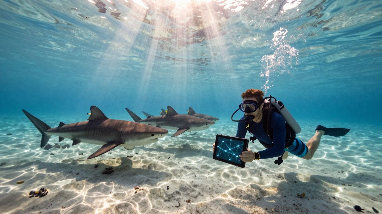 Mergulhador com tablet submarino próximo a três tubarões nadando sobre areia iluminada pelo sol.