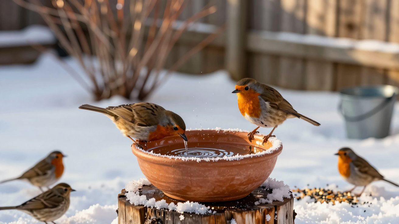 Pássaros com peito laranja bebendo em tigela de barro sobre toco de árvore na neve atrás de cerca de madeira.
