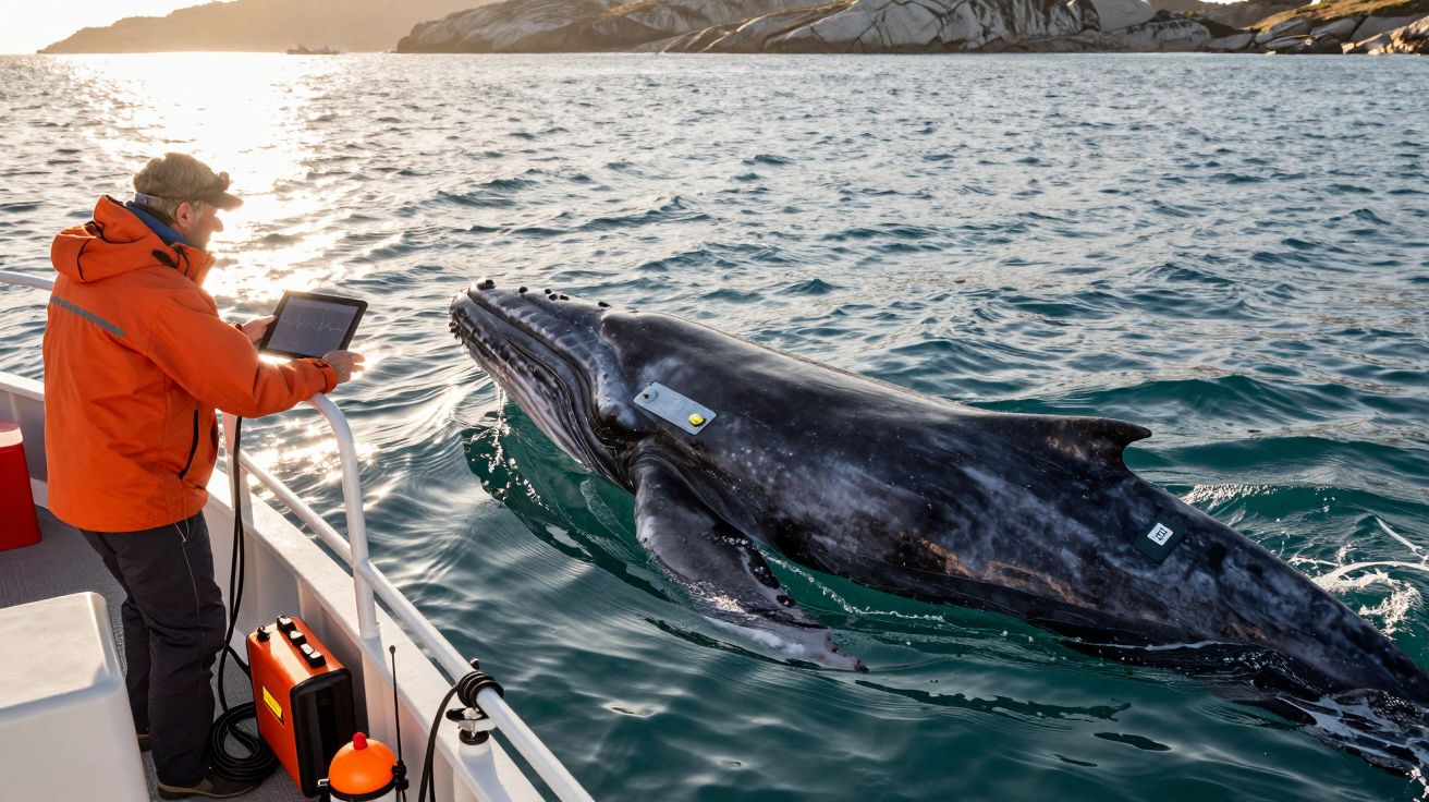 Pesquisador em barco usa tablet para monitorar baleia cinzenta marcada com sensores no mar próximo a costa rochosa.