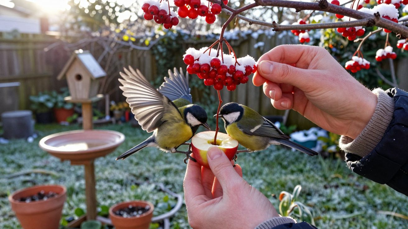 Pássaros se alimentam de maçã enquanto pessoa segura fruta e galho com bagas vermelhas cobertas de neve.