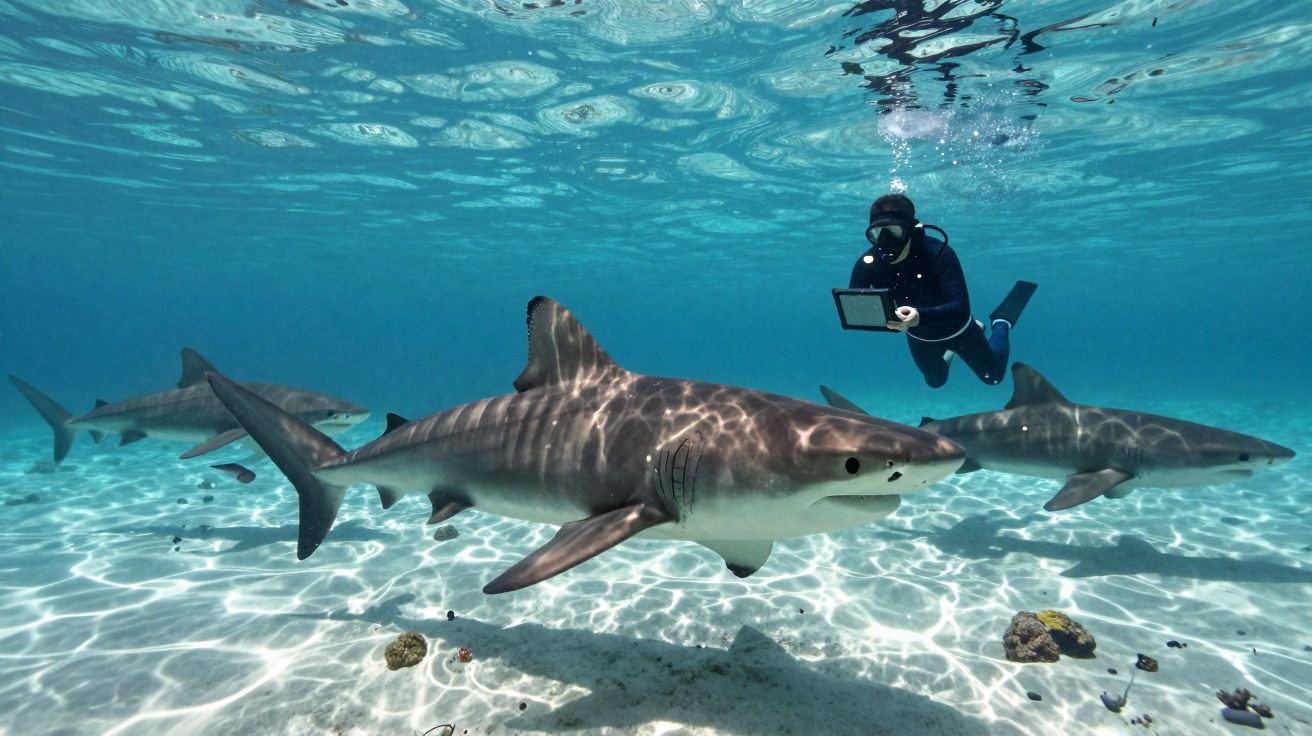 Mergulhador observa três tubarões-tigre nadando próximos ao fundo arenoso do oceano.
