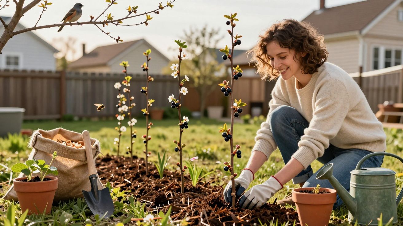 Mulher sorridente plantando muda em jardim ensolarado com pá, regador e saco de adubo ao redor.