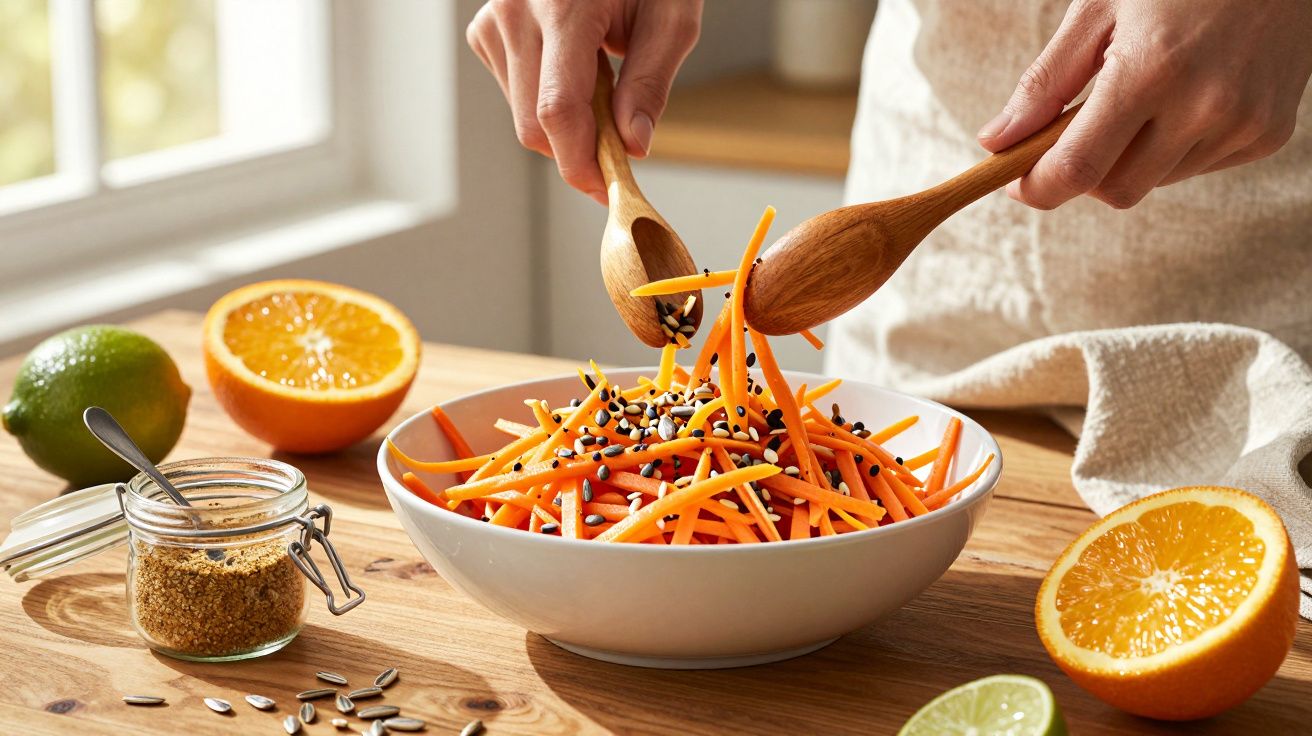 Mãos usando talheres de madeira para mexer salada de cenoura com sementes em tigela branca sobre mesa de madeira.