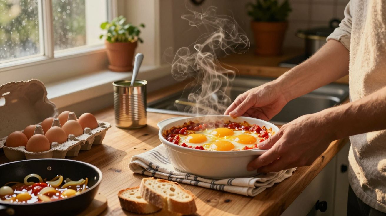 Pessoa segurando travessa com ovos mexidos quentes e legumes, na cozinha com pão e ovos na bancada.