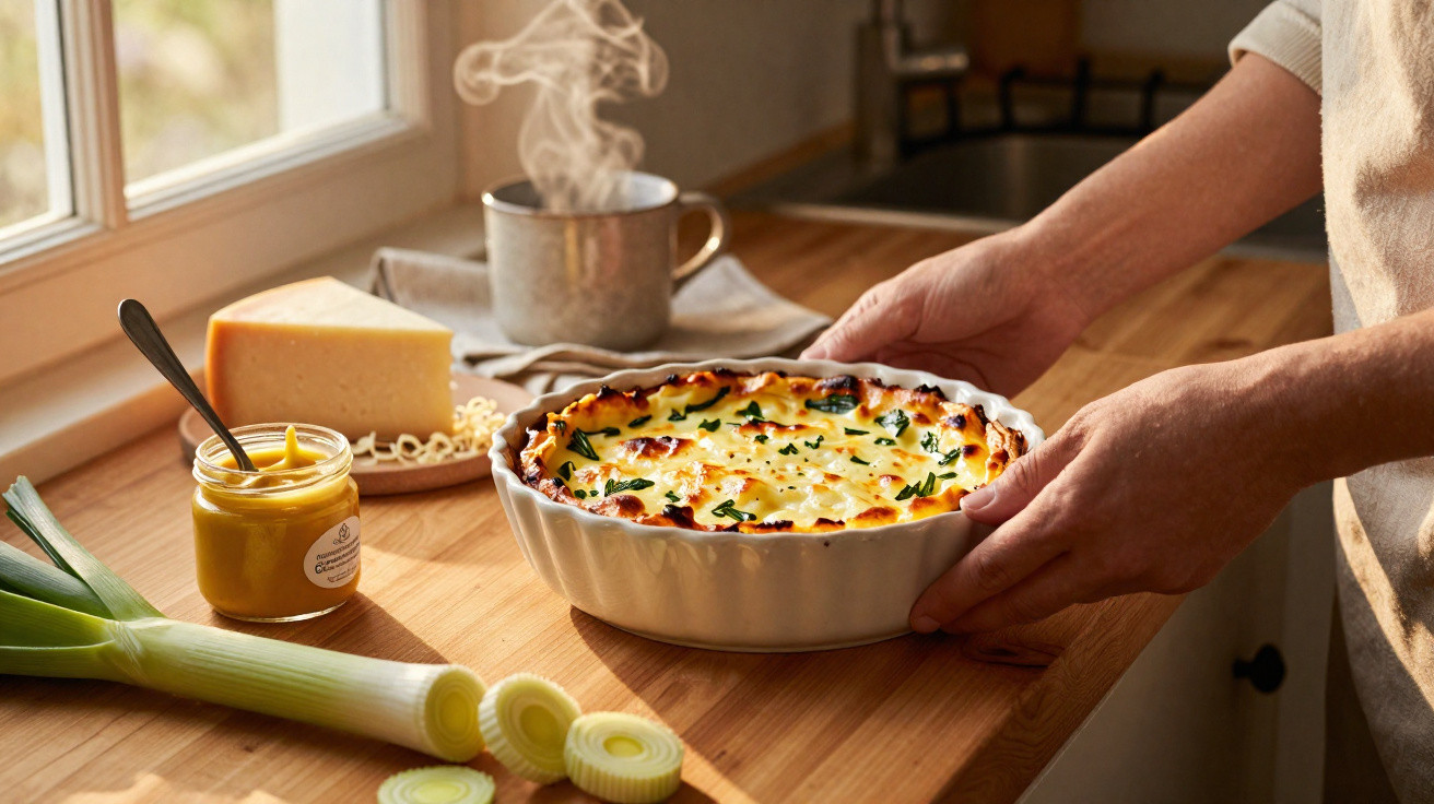 Pessoa segurando uma torta gratinada, com queijo, alho-poró e mostarda sobre mesa de madeira próxima à janela.