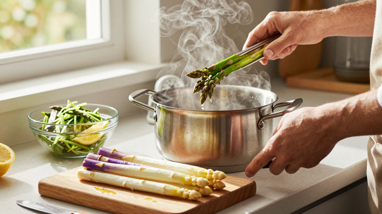 Pessoa cozinhando aspargos verdes em panela com vapor em cozinha iluminada por janela.