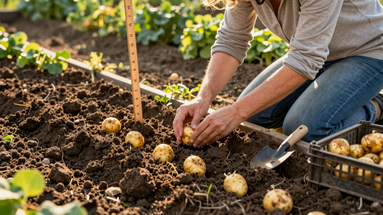 Pessoa colhendo batatas em uma horta, com terra solta e caixa de batatas ao lado.