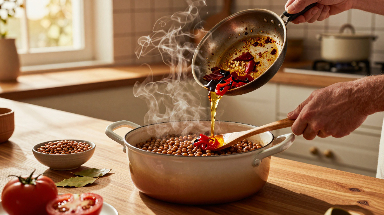 Mãos despejando óleo quente e pimenta malagueta em panela com feijão cozinhando em cozinha iluminada.