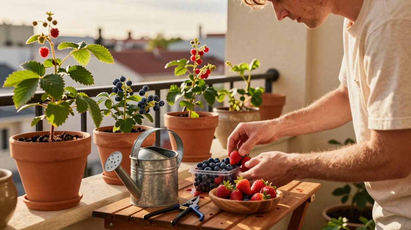 Homem colhendo morangos em vaso, com regador, tesoura e outras frutas em varanda ensolarada.