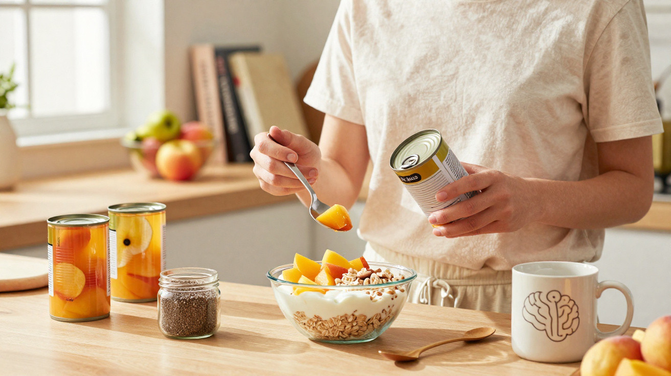 Pessoa colocando frutas em tigela com iogurte e granola na cozinha iluminada pela manhã.