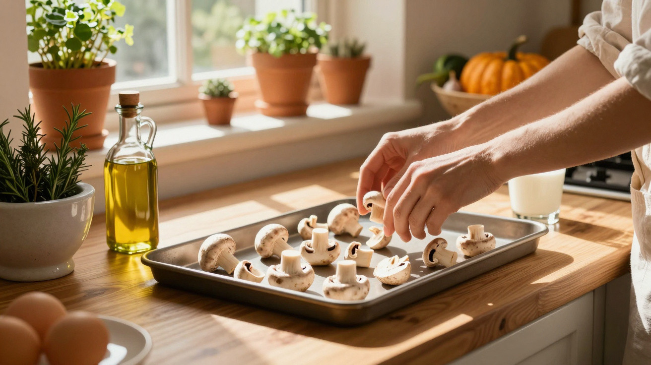 Mãos organizando cogumelos em uma assadeira na cozinha iluminada por luz natural próxima à janela com plantas.
