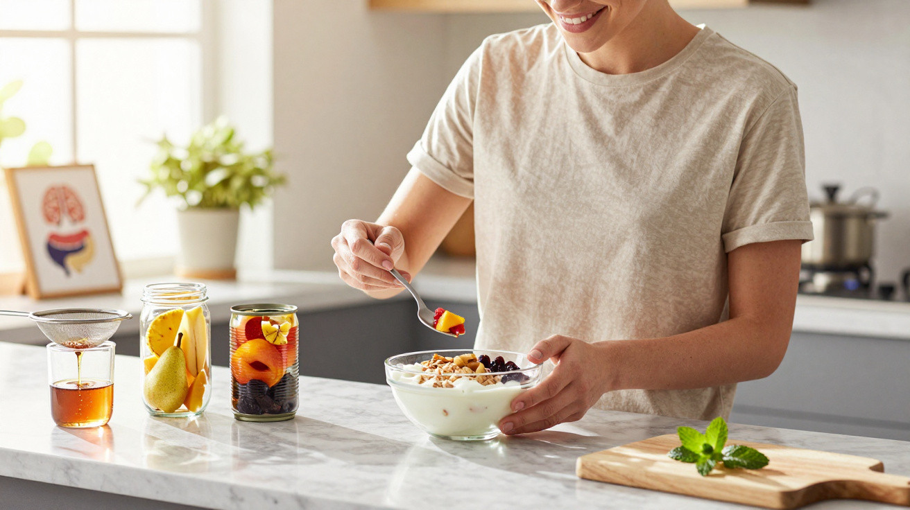 Pessoa segurando tigela com iogurte e frutas, preparando café da manhã saudável na cozinha moderna.