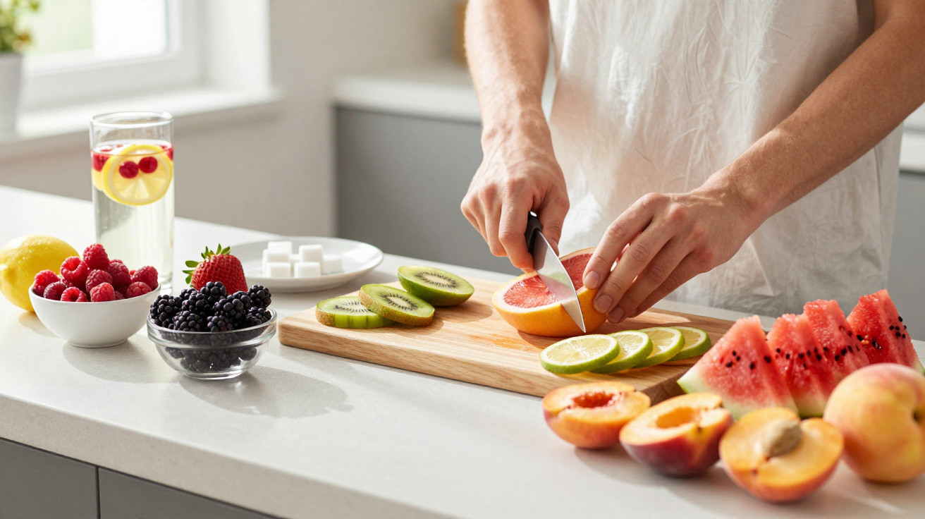 Pessoa cortando frutas frescas em tábua de cozinha com várias frutas e copo d'água com limão.