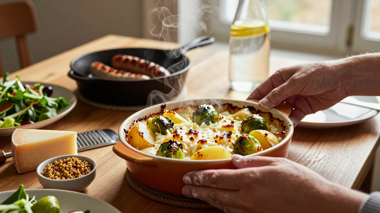 Pessoa segurando travessa de vegetais assados com batatas e couve-de-bruxelas numa mesa de madeira.