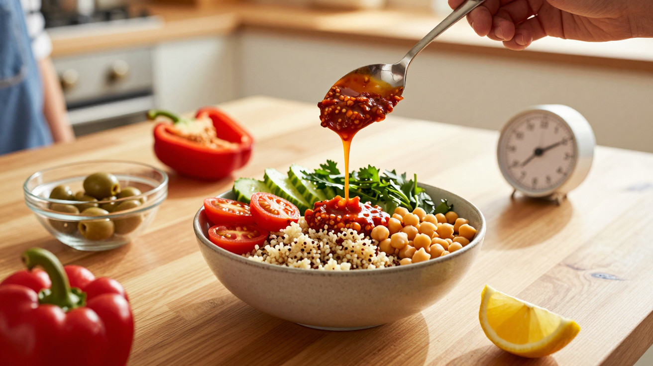 Mão adiciona molho em bowl com quinoa, grão-de-bico, tomate, pepino, salsa e legumes sobre mesa de madeira.