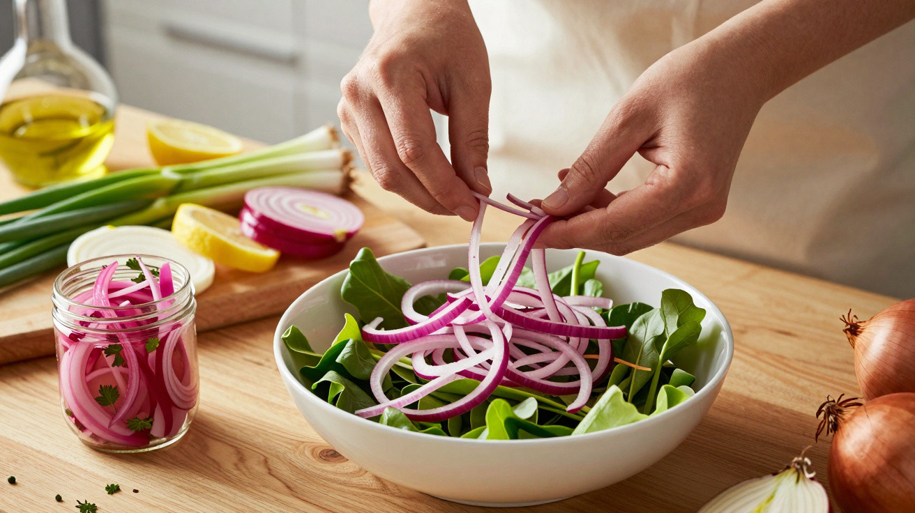 Mãos adicionando fatias de cebola roxa em salada verde em tigela branca sobre mesa de madeira.