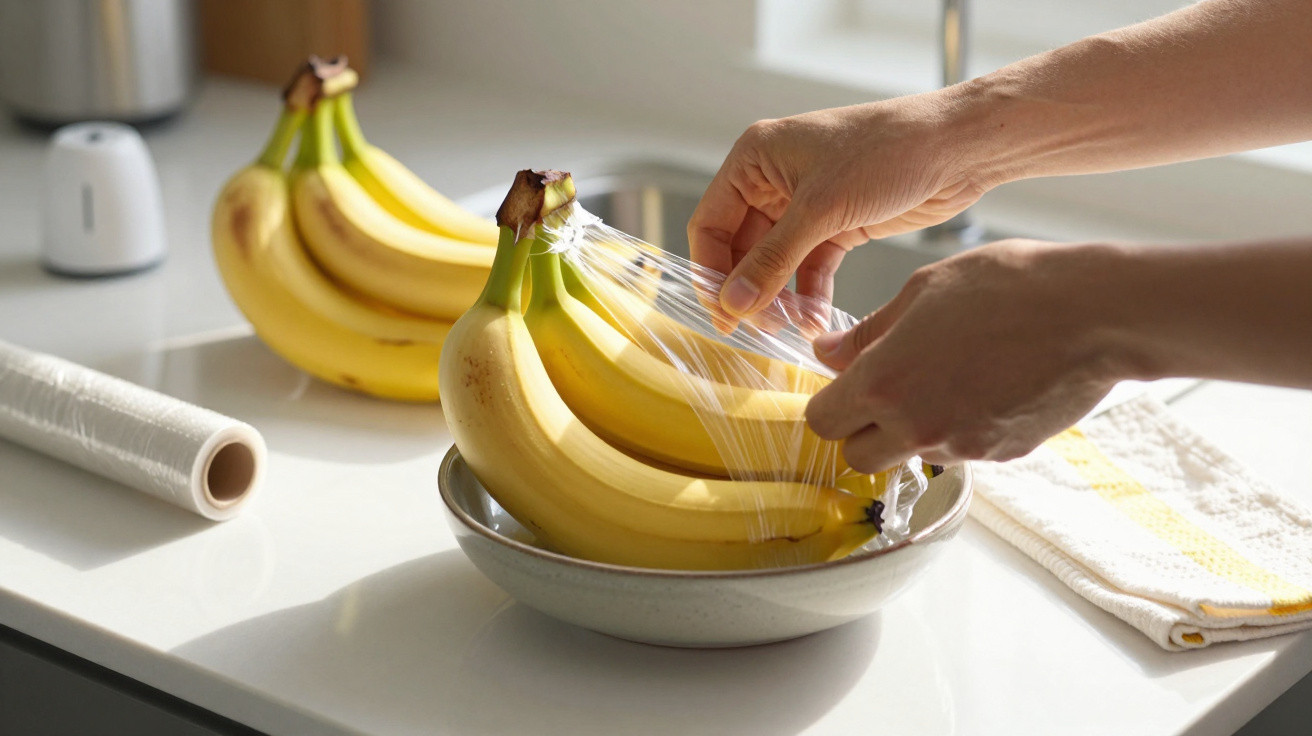 Mãos envolvendo cacho de bananas com filme plástico em uma tigela sobre bancada branca na cozinha.