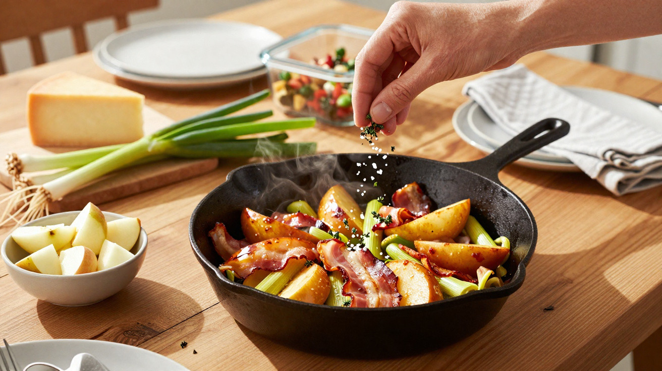 Mão temperando refogado de bacon, batata e legumes em frigideira de ferro sobre mesa de madeira.